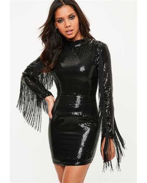 Missguided Black Sequin Tassel Bodycon Dress In Black Lyst