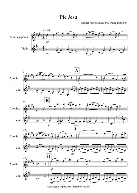 Pie Jesu From Requiem For Alto Saxophone And Violin Duet Arr David