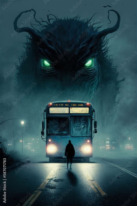 Horrible Alien Monster Creature Chasing A Bus During A Foggy Night