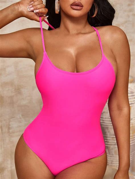 Criss Cross Lace Up Strappy Back One Piece Swimsuit Shein Usa