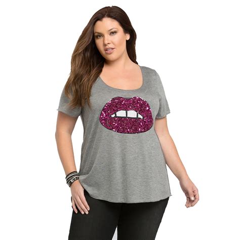 Plus Size Sequins Red Lips and White Teeth T Shirt Women Gray Casual ...