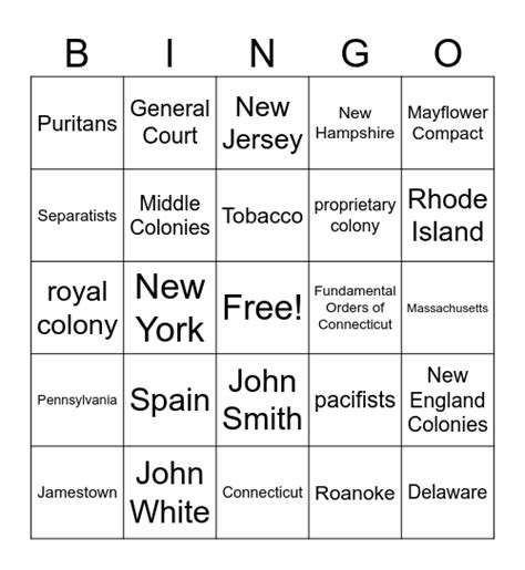 13 Colonies Bingo Card