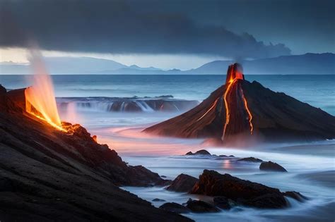 Premium Photo | A sunset at the ocean with a waterfall in the background