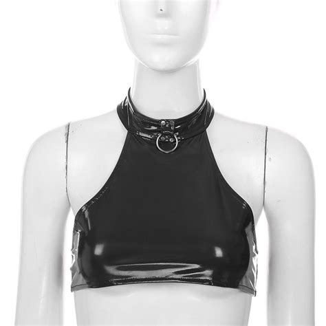 Cheap Womens Fashion O Ring Halter Vest Tops Backless Sleeveless Patent Leather Crop Top For