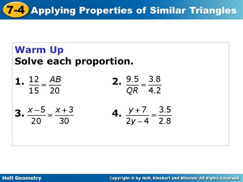 Holt Geometry Applying Properties Of Similar Triangles Warm Up