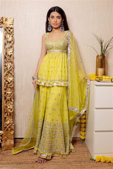 Buy Yellow Tunic And Sharara Cotton Silk Dupatta Net Peplum Set For