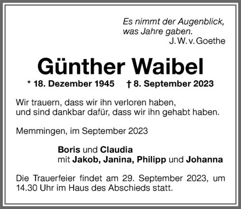 Traueranzeigen von Günther Waibel Allgäuer Zeitung