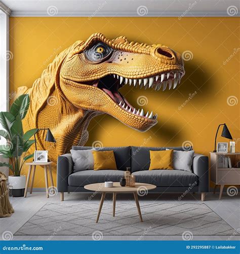 3d Render Of A Dinosaur In A Living Room With A Yellow Wall Generative