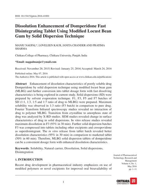 Pdf Dissolution Enhancement Of Domperidone Fast Disintegrating Tablet