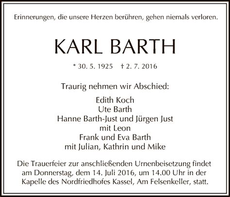 Traueranzeigen Von Karl Barth Trauer HNA De