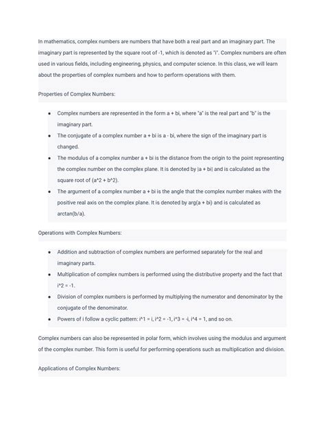 Complex Numbers Understanding the properties of complex numbers and how ...