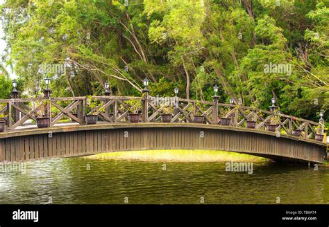 Beautiful Wooden Bridge Across River Stock Photo Alamy