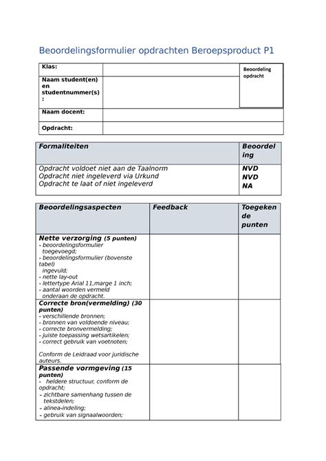 Beoordelingsformulier Opdrachten Beroepsproduct P Bb