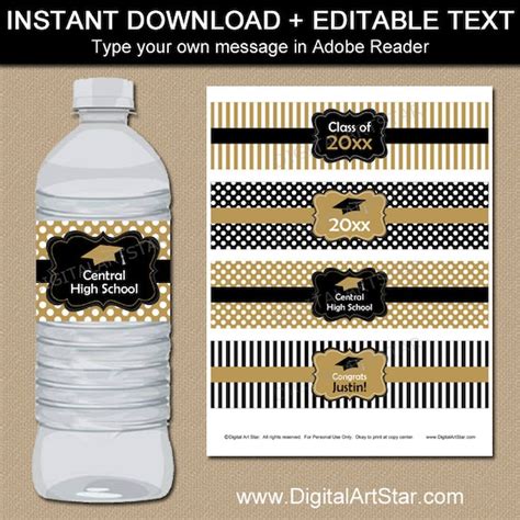 Graduation Water Bottle Label Template Black And Gold Waterbottle