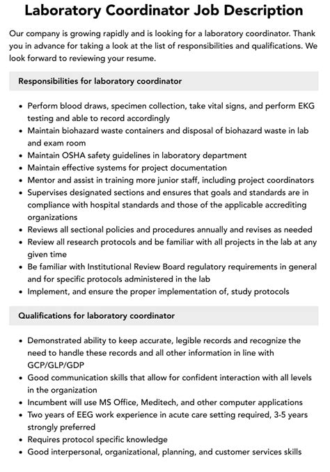 Laboratory Coordinator Job Description Velvet Jobs