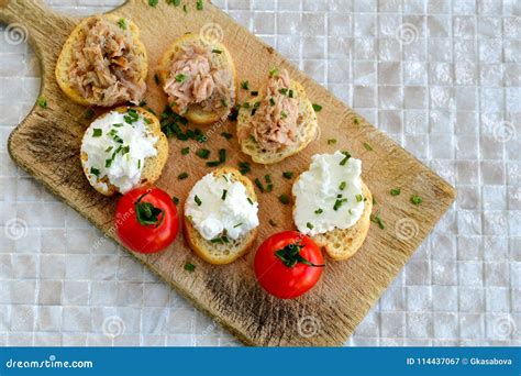 Tuna Fish Bruschetta Sandwich With Cottage Cheese Stock Image Image