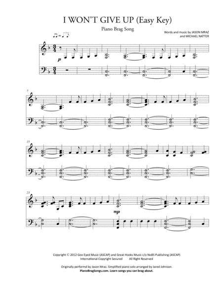 I Wont Give Up Arr Jared Johnson Sheet Music Jason Mraz Easy Piano