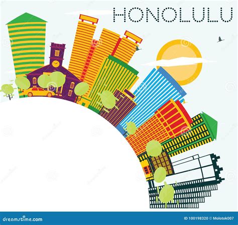 Honolulu Skyline with Color Buildings, Blue Sky and Copy Space. Stock