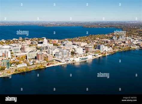 An aerial view of Madison, Wisconsin, the State Capitol, and the ...