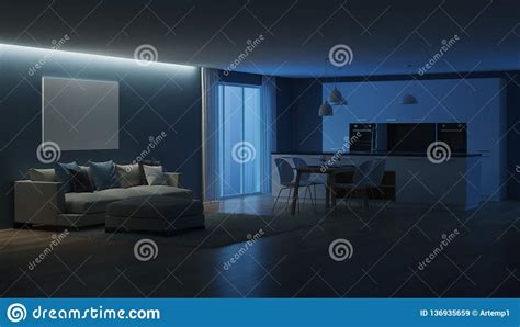 Modern House Interior Night Evening Lighting Stock Illustration