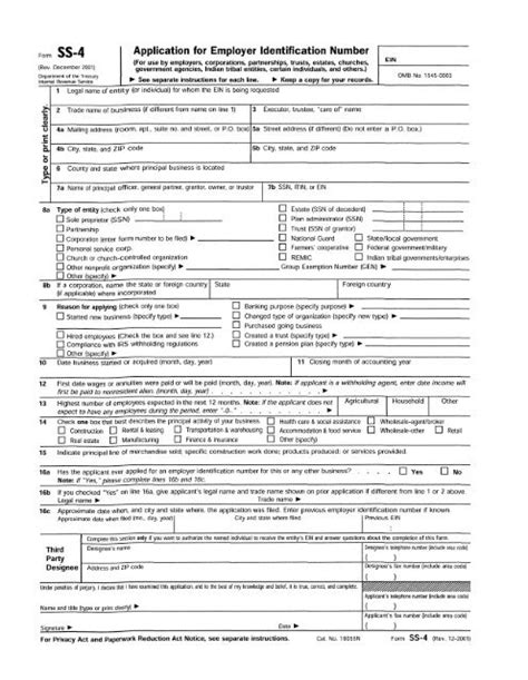 Irs Ss 4 Form Application For Employer Identification Number Apwu