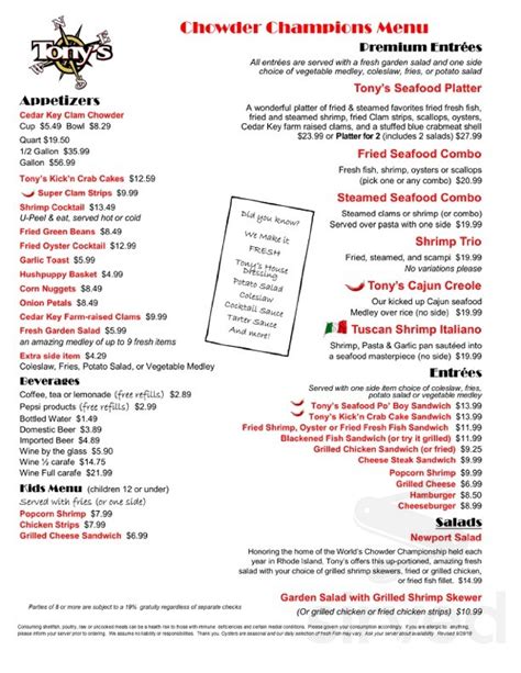 Tonys Seafood Restaurant Menu In Cedar Key Florida Usa