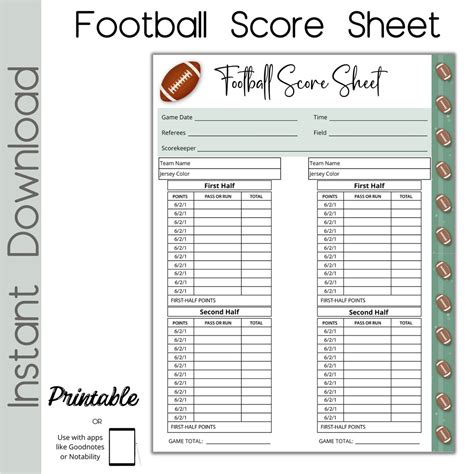 Football Score Card Football Scoresheet Etsy