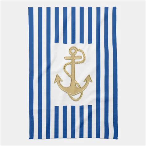 Nautical Gold Anchor On Blue Stripes Hand Or Kitchen Towel Zazzle