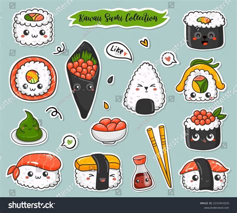 Collection Kawaii Sushi Stickers Vector Illustration Stock Vector ...