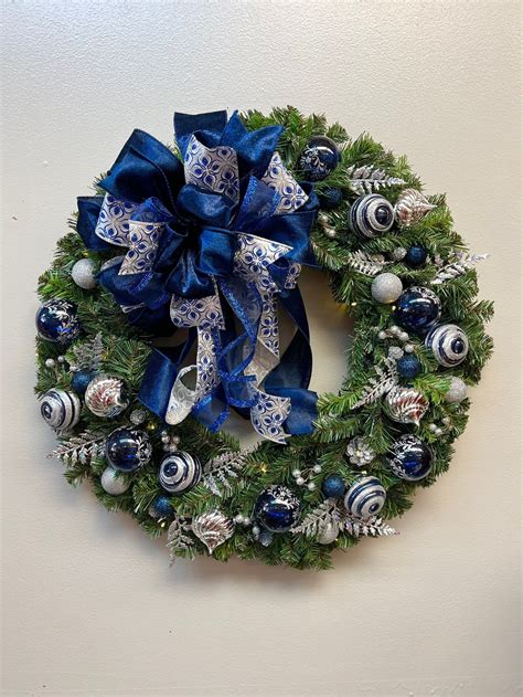 Blue And Silver Christmas Wreath With Ornaments And Battery Etsy