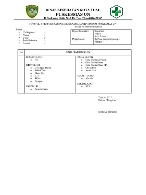 Formulir Permintaan Pemeriksaan Laboratorium Pdf