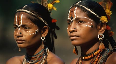 Two Tribal Women Look At The Camera With Bright Colorful Faces Background Pictures Of Indians