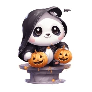 Illustration Of A Cute Cartoon Halloween Witch Panda Stand On Pumpkin