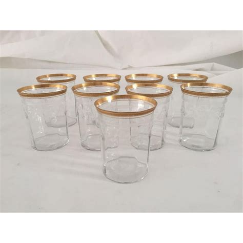 1930s Vintage Gold Rim Etched Water/Bar Glasses - Set of 9 | Chairish