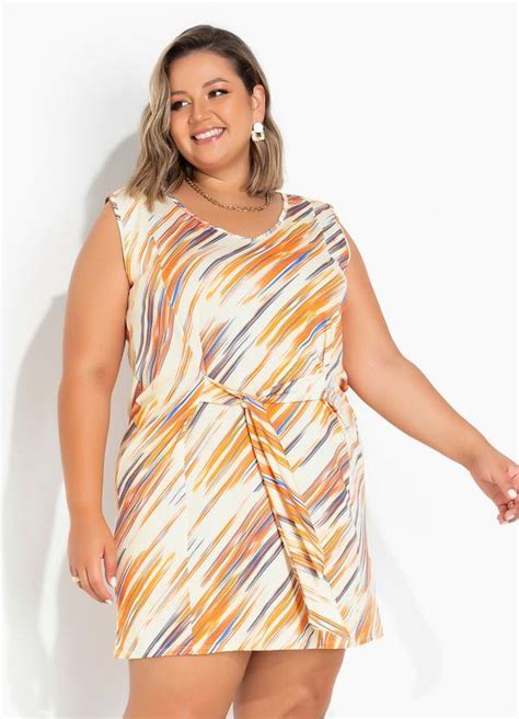 Vestido Rajado Amarelo Amarração Plus Size Marguerite