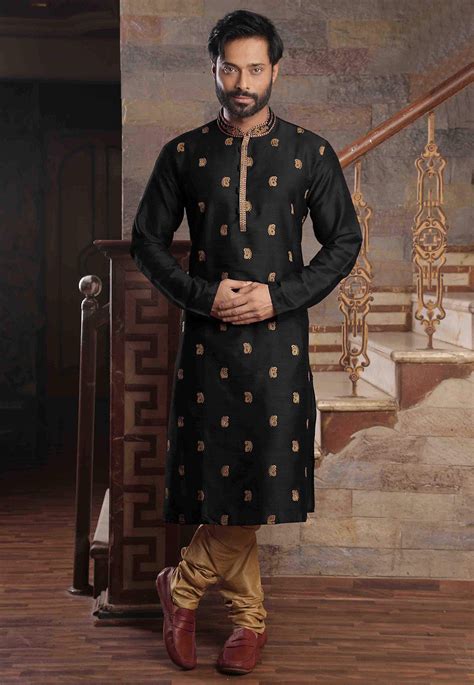 Embroidered Art Silk Slub Kurta Set In Black MMS1015