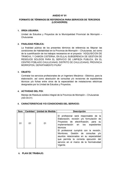 TDR Mecanico Electrico PARA Planta ANEXO N 01 FORMATO DE TÉRMINOS