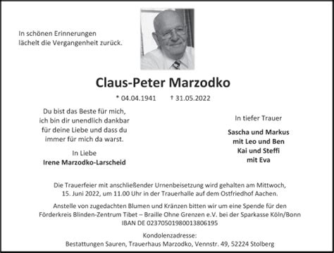 Traueranzeigen Von Claus Peter Marzodko Aachen Gedenkt