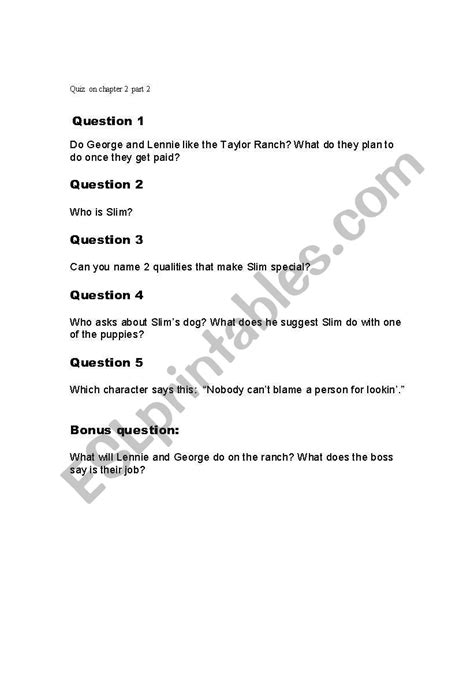 English Worksheets Of Mice And Men Quiz Chapter