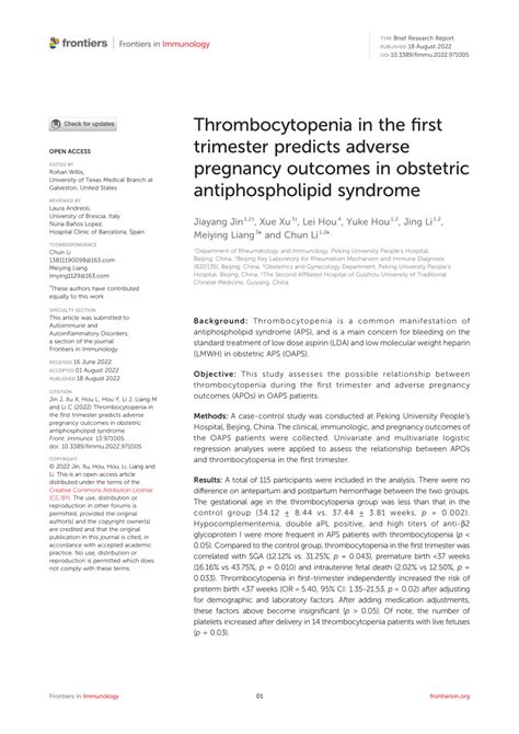 Pdf Thrombocytopenia In The First Trimester Predicts Adverse