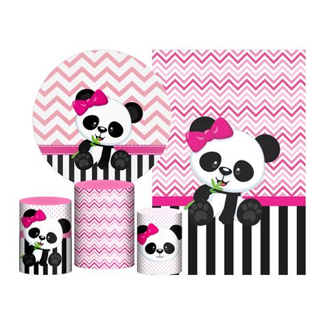 Kit Casado Panda Rosa Painel Redondo Trio Capas Cilindro Retangular