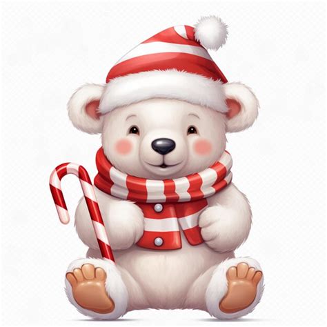 Premium Photo Cute Polar Bear With Hat And Sweater Candy Canes