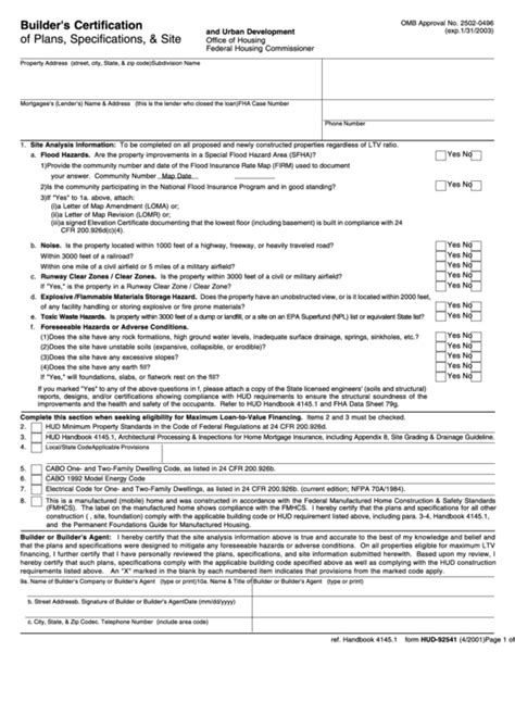 Fillable Form Hud 92541 Builders Certification Of Plans Specifications And Site 2001