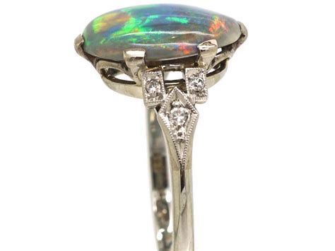 Art Deco Ct White Gold Platinum Black Opal Ring With Diamond Set