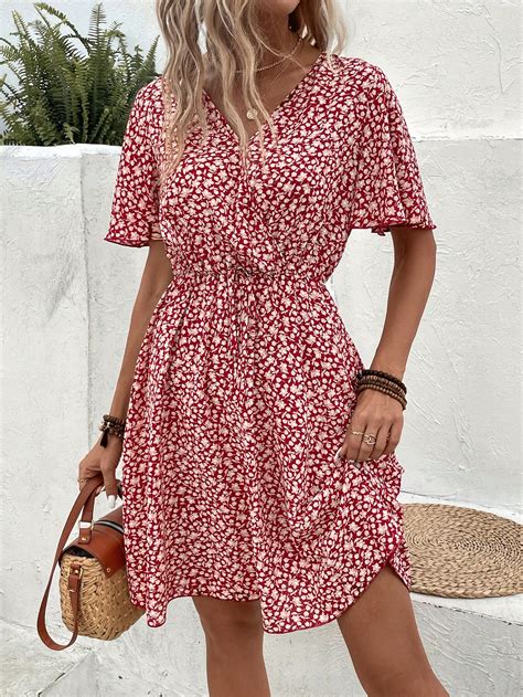 Shein Lune Ditsy Floral Print Butterfly Sleeve Knot Front Dress Shein Uk