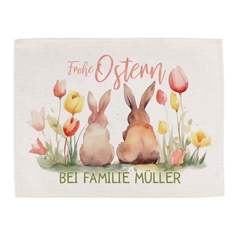 Platzdeckchen Frohe Ostern Mit Hasen Tulpen Text Im Aquarell Stil