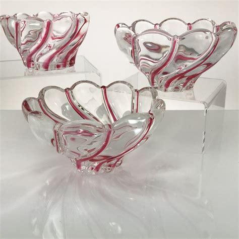 Mikasa Crystal Red Peppermint Swirl Bowl Trio Vintage Holiday Dishes