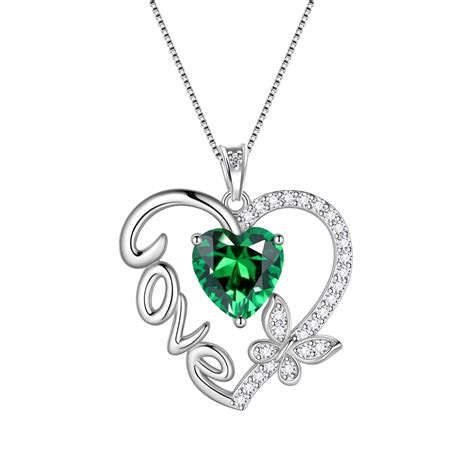 Juwaliy Green Love Heart Necklace Butterfly May Birthstone Necklace