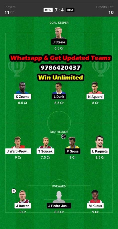 Whu Vs Bha Dream Team Fantasy Prediction Premier League