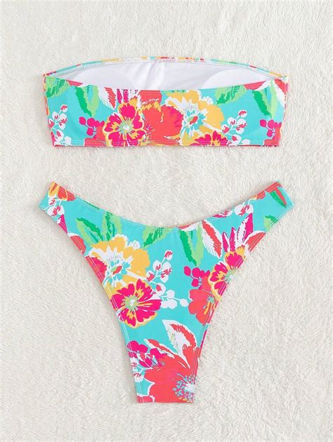 SHEIN Swim Impressão Floral Fato De Biquíni Bandeau SHEIN PT